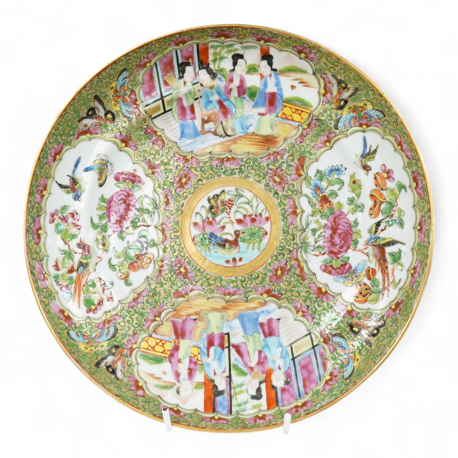 A 19th century Chinese famille rose porcelain dish enamelled with figures and flowers, 25cm in diameter
